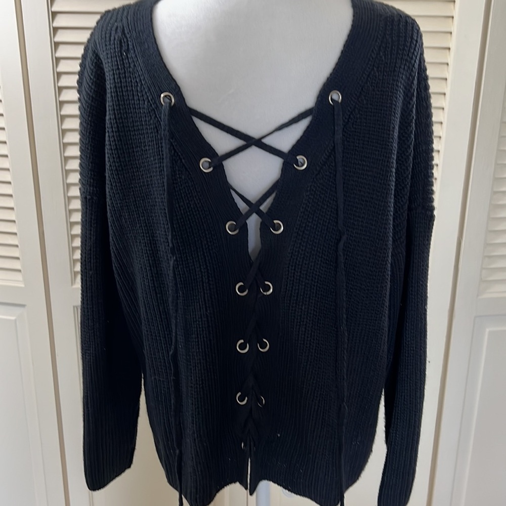 Navy v-neck sweater with lace tie back